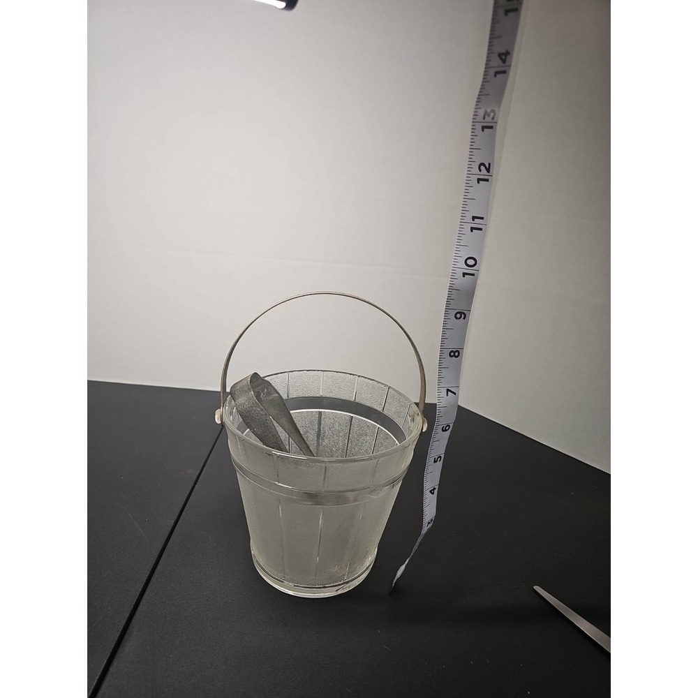 Vintagr Depression Textured Clear Glass Keg Barware Ice Bucket w/ Handle & Tongs - Picture 3 of 10